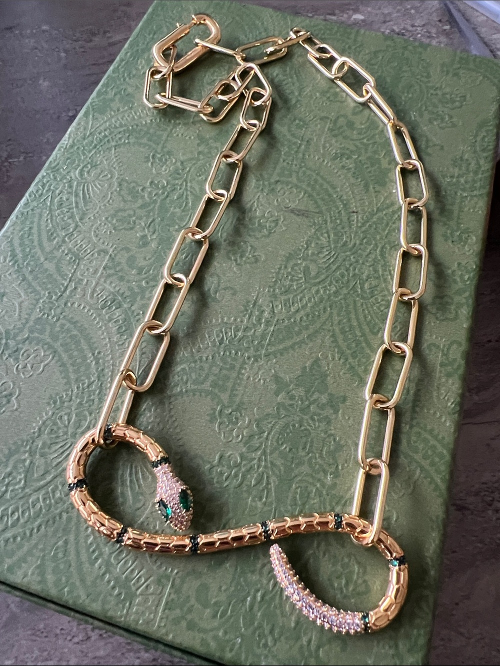 Copper 18k Gold plated Snake Statement Necklace with Green and rhinestone